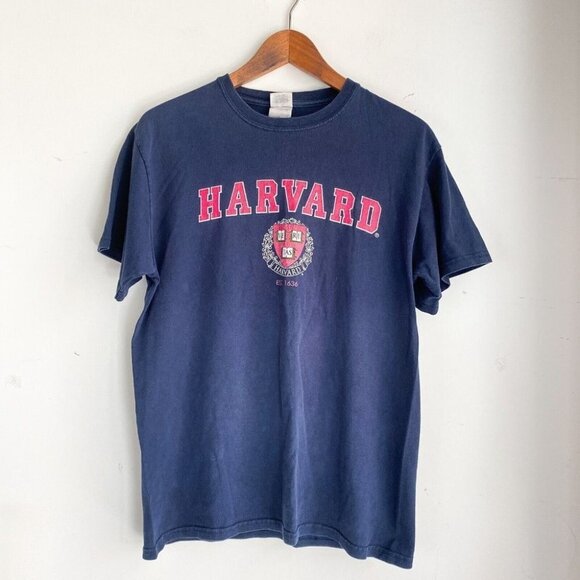 Distressed Harvard Print Navy Blue Burgundy T Shirt  M - Picture 1 of 5